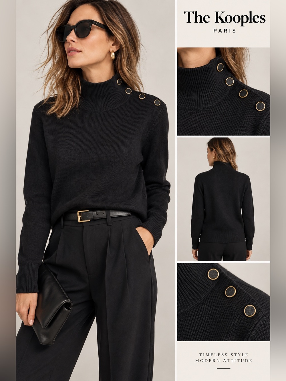 The Kooples Black 100% Wool Mock Neck Button Shoulder Sweater Medium